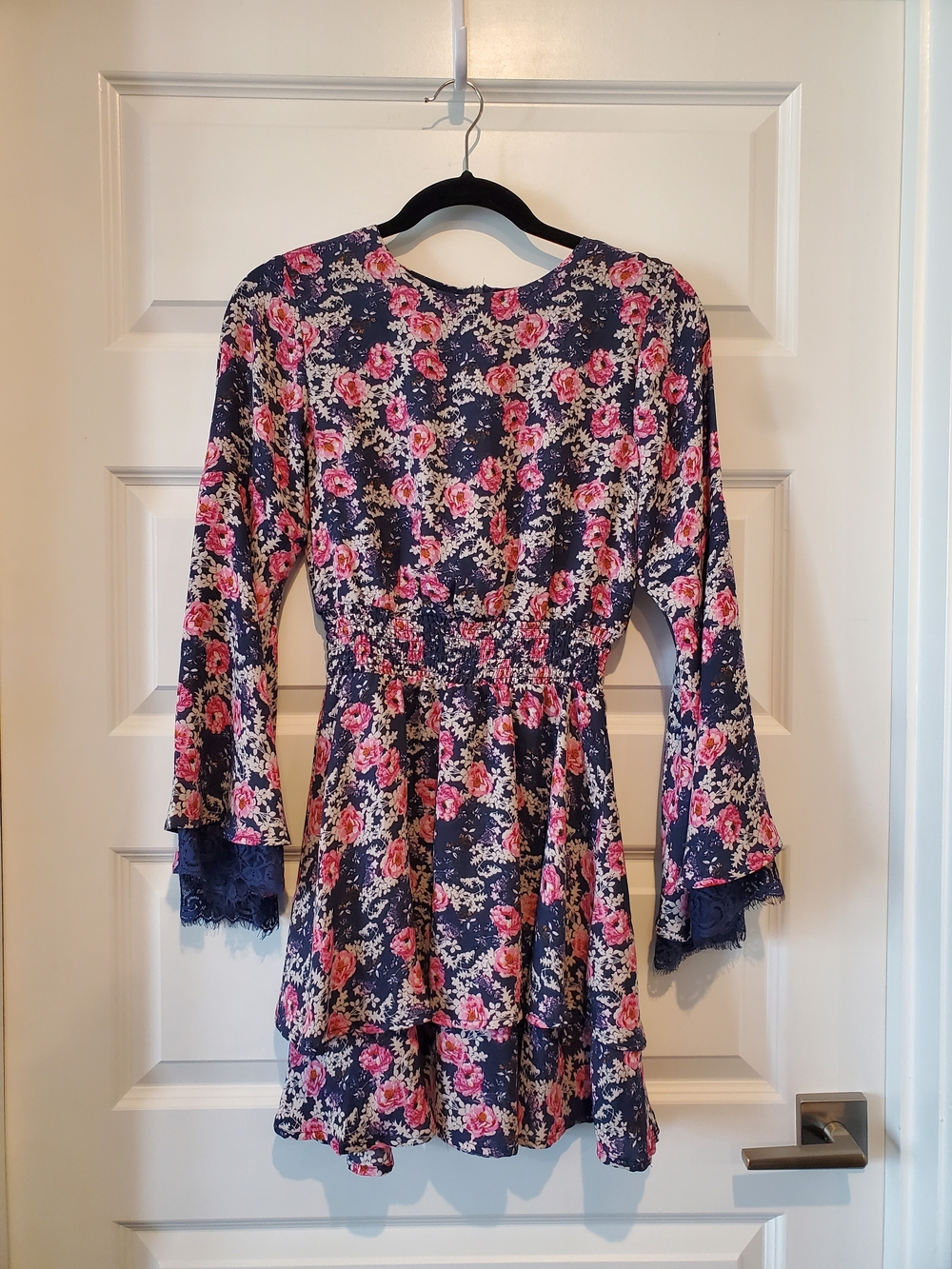 Altar'd State Navy Floral Long-Sleeve Dress with Pink Roses